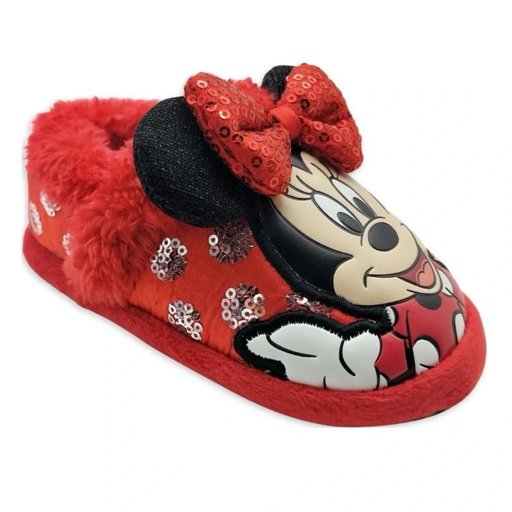 Disney Minnie Mouse Red Plush Sequin Slippers Size 5-6